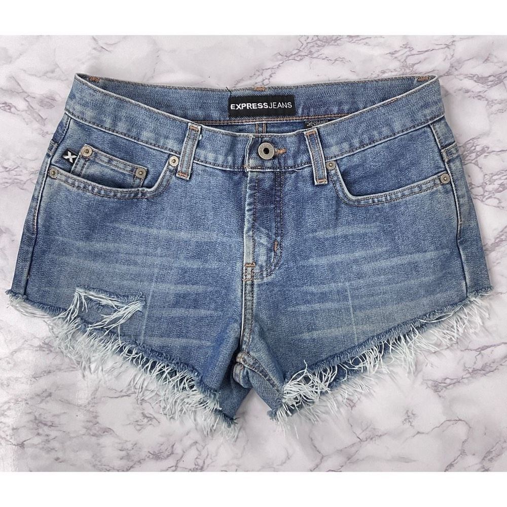 Express Blue Distressed Custom Cutoff Denim Jean Shorts 3/4